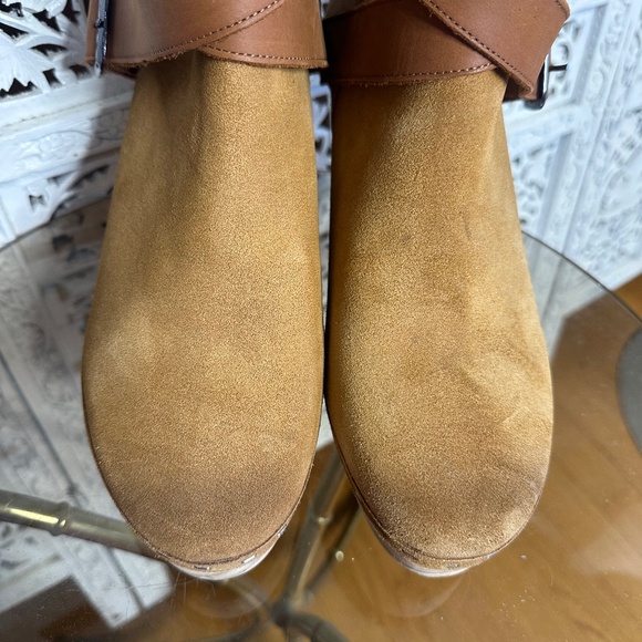 Free People Bungalow Tan Suede Leather Wooden Blog Boots Sz 8 - Picture 3 of 13